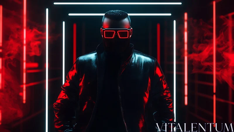 Silhouetted figure stands in neon red and white tunnel lights