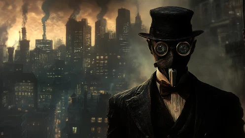 Masked figure in industrial skyline with dense smoke at dusk.