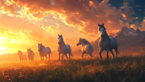 Sunlit white horses crossing alpine meadow at blazing sunset.