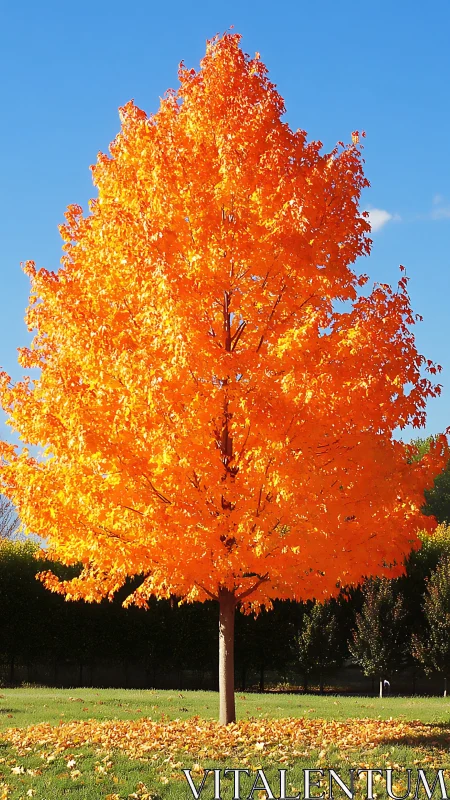 Autumn maple tree exhibits saturated orange foliage in daylight