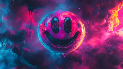 Neon liquid smiley sphere in vaporwave magenta cyan nebula