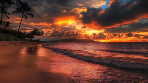 Tropical shoreline sunset with reflective fiery cloudscape.