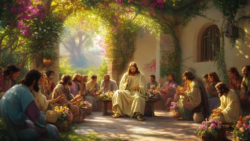 Jesus teaches disciples in sunlit courtyard garden gathering.