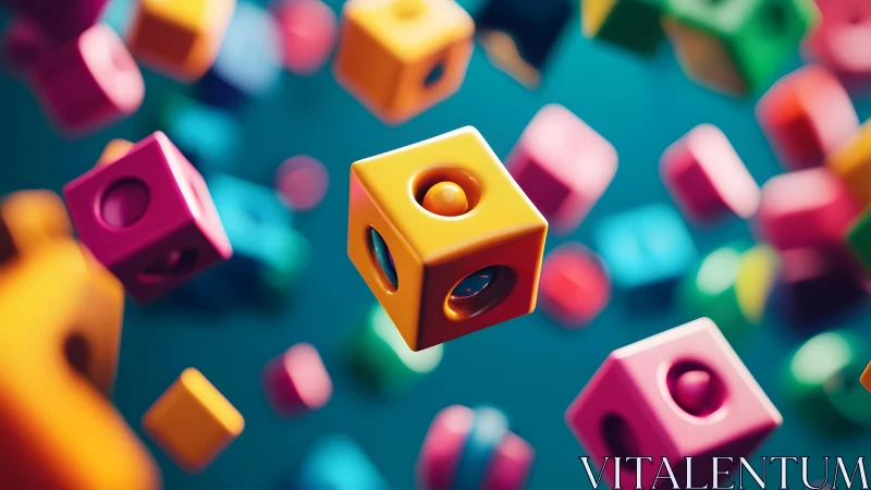 Colorful hollow cubes with spheres drift in playful motion.