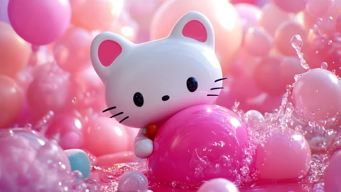 White cartoon cat figure among glossy pink balloons.