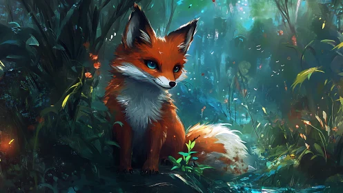Gentle fox resting in a glowing, storybook forest corner.