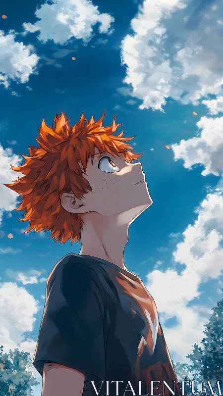 Anime boy in upward gaze under dramatic summer sky lighting.