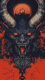 Demonic horned skull roars under eclipsed blood moon.