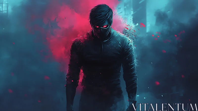 Cyberpunk vigilante in neon particle haze, frontal composition.