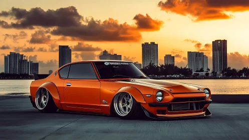 Sunset city skyline cradles a vivid orange classic tuner car
