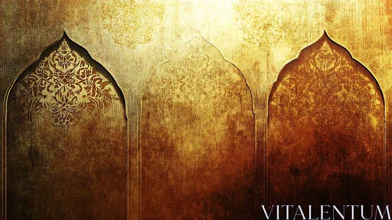 Triptych of pointed arches with worn ornamental patterns.