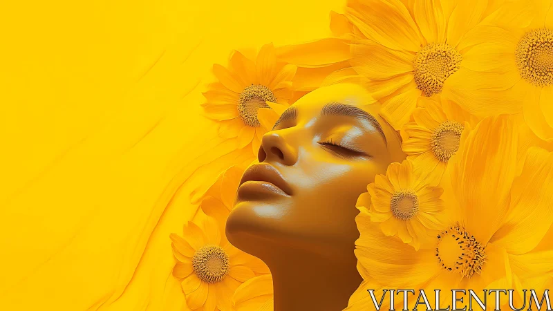 Golden female portrait immersed in sunflower bloom field.