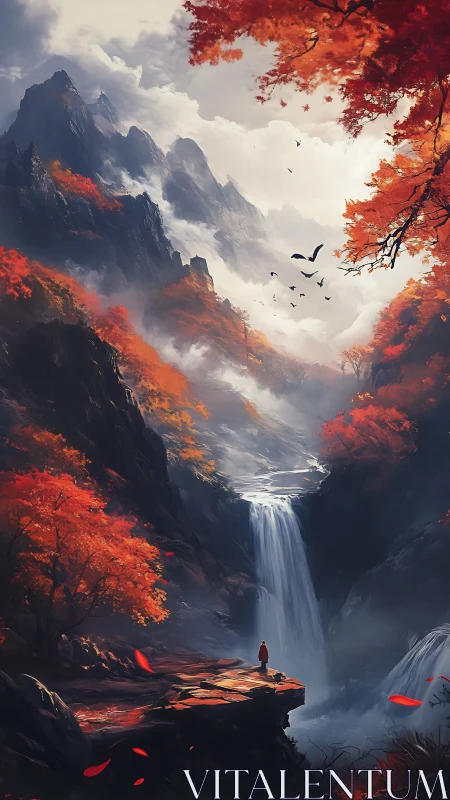 Autumn canyon waterfall vista with lone figure and birds in flight.