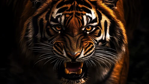 Snarling tiger close-up with intense glowing eyes.