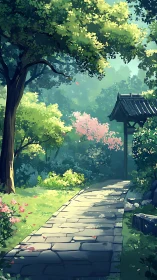 Digital garden path under dappled light, vertical composition.