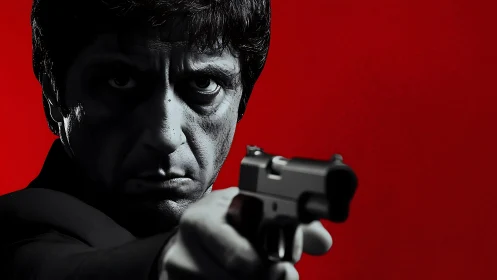 Man aiming handgun in stark red and black portrait