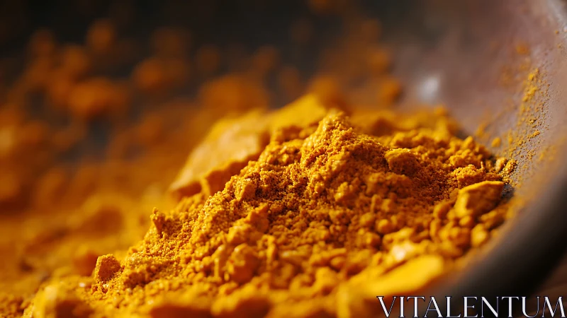 Close-up macro view of ground yellow spice powder in bowl.
