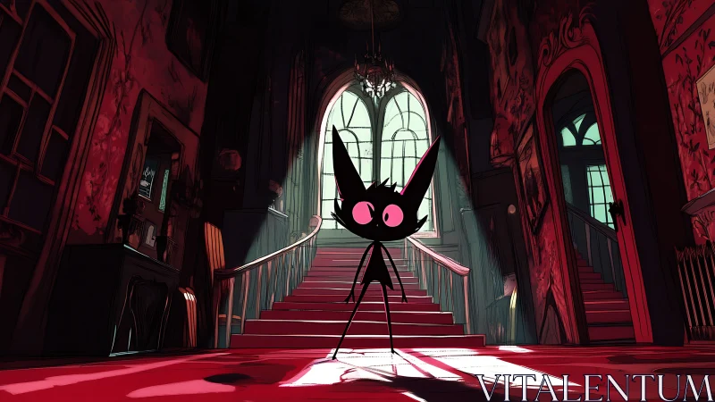 Cartoon cat silhouette stands in red lit mansion stair hall