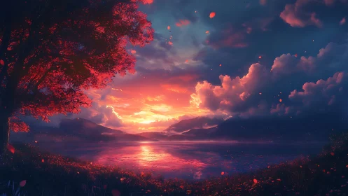 Ember sky over tranquil lake at the hush of sundown.