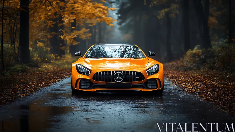 Orange sports car glows on a misty autumn forest road