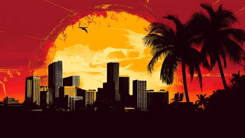 Sunset city skyline glows behind silhouetted tropical palms.