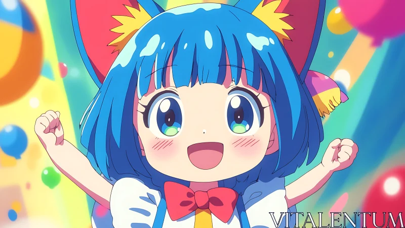 Bright blue haired anime girl celebrating with balloons.