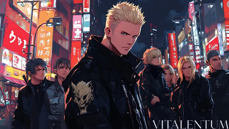 Urban anime gang under neon city lights at night scene.