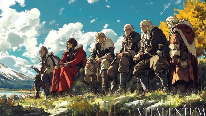 Nordic adventurers resting on alpine ridge under vivid sky