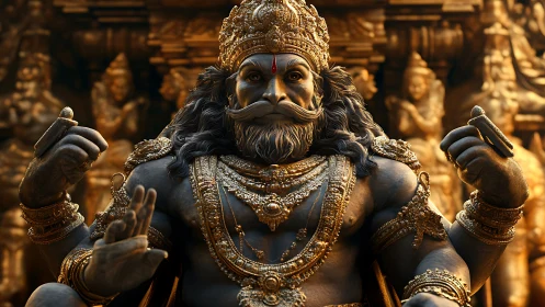 Regal stone deity statue with ornate gold adornments.