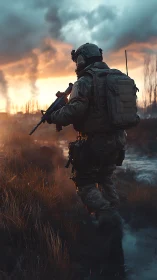Tactical soldier patrols flooded field at cinematic sunset.