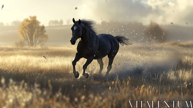 Dark horse moving through dry grassland at sunrise or sunset.