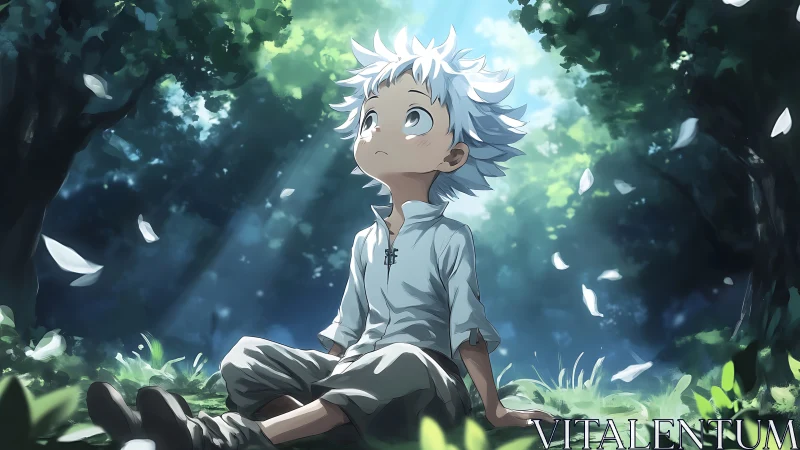 White haired anime boy sits in forest under soft light.