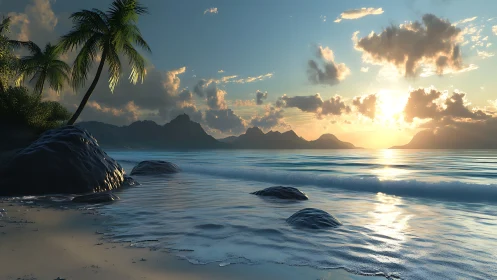 Tropical Sunset Over Mountain Coastline.