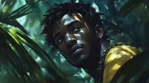 Jungle lookout bathed in emerald light and quiet tension.