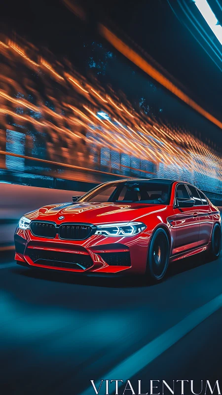Red sports sedan gliding through neon city night streets.