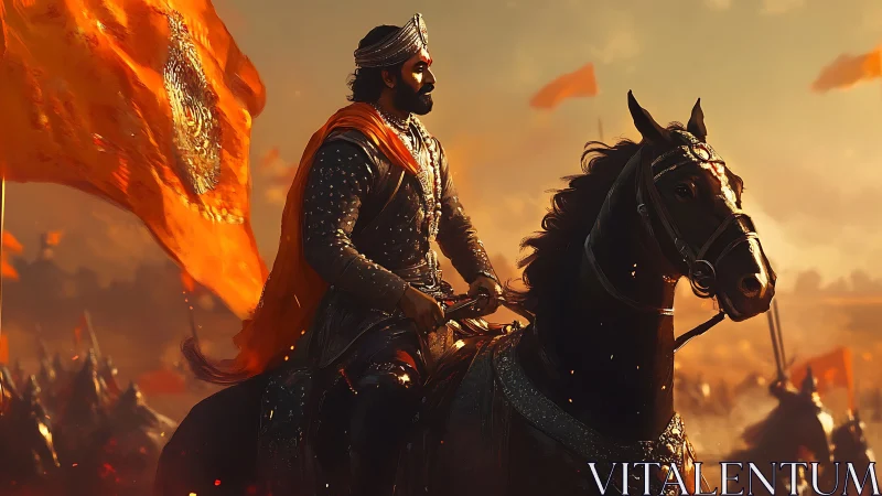 Armored rider on warhorse before orange battle standards.