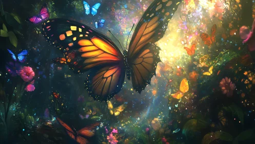 Luminescent butterfly ballet in a spellbound forest glow.
