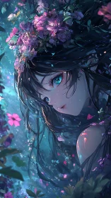 Moonlit garden muse with ocean eyes and drifting petals.