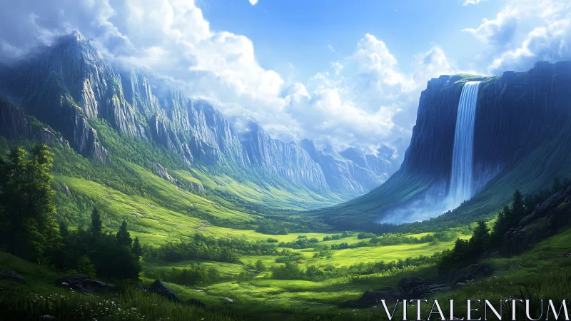 Lush green valley with cliffs, clouds and tall waterfall.