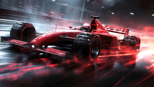 Red Formula race car in dynamic wet night circuit motion