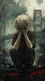 Grief-curled boy beneath a broken bridge of stormed steel.