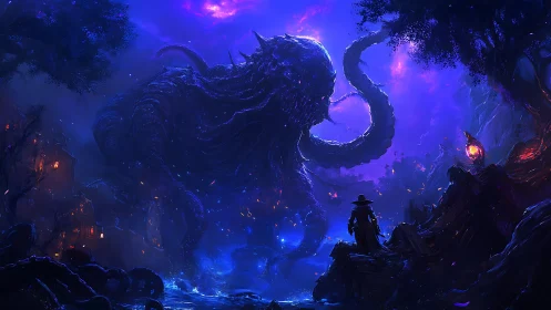 Midnight warlock confronting cosmic abyssal leviathan.