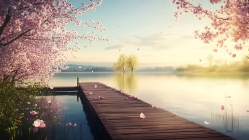 Spring lakeside pier amid drifting cherry blossoms at dawn.