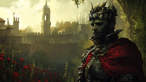 Brooding skull-crowned king before sunlit fortress realm.