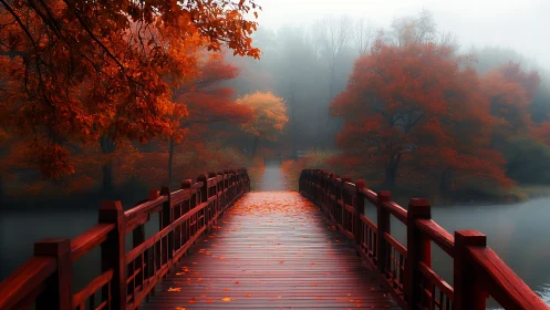 Symmetrical red wooden bridge leads into foggy autumn forest