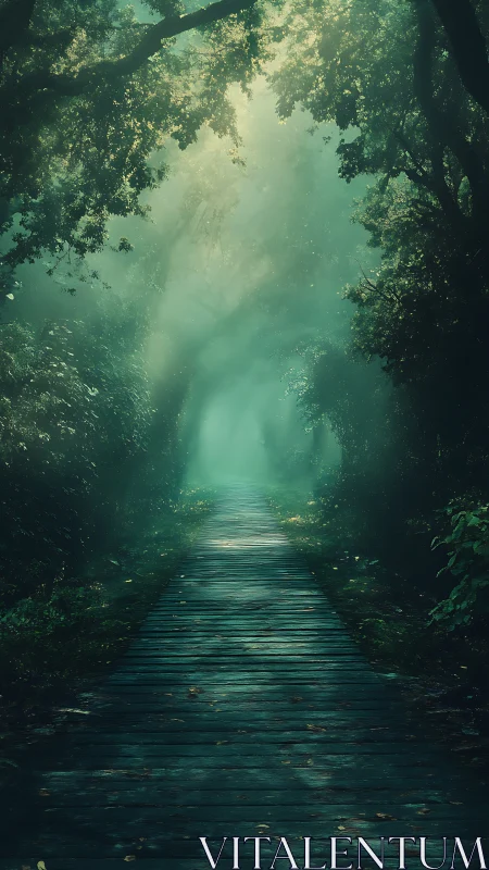 Ethereal Forest Path Through Luminous Green Canopy.