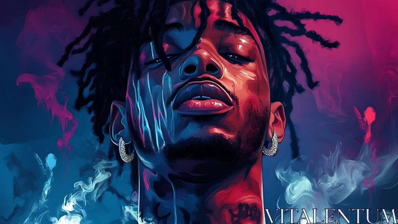 Neon-lit portrait merges smoke, gradients, and bold attitude.