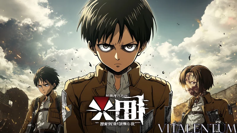 Three anime soldiers stand in ruined battlefield scene