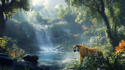 Tiger stands beside jungle pool under bright forest waterfall