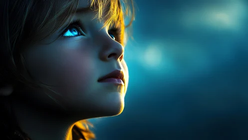 Luminescent Portrait Study: Digital Rendering with Cyan Ocular Contrast.